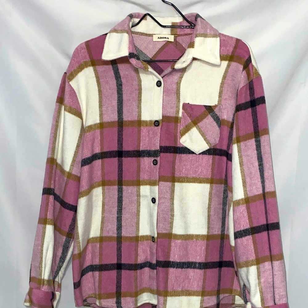 ADORE WOMENS (SEE SIZE BELOW) SOFT BRUSHED FLANNEL PINK‎ BLACK PLAID SHACKET